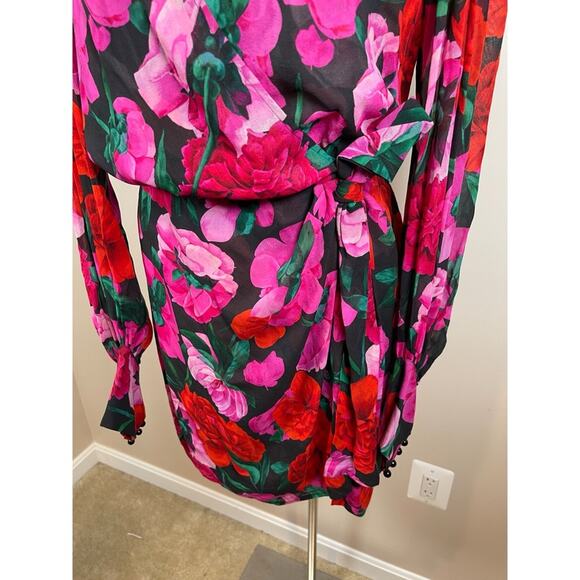 The Kooples Dolve Vita Floral Rose Silk Wrap Long Sleeve Mini Dress Size Large - Picture 8 of 14